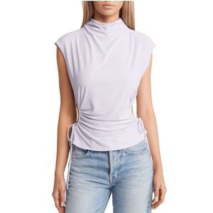 Open Edit Womens Purple Calluna Cap Sleeves Ruched Cutout Mock Neck Top Medium